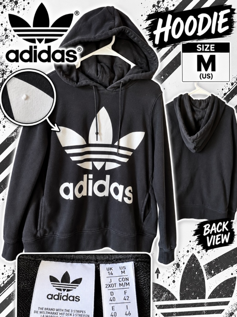 Adidas Originals Trefoil Black Pullover Hoodie Size M Old School